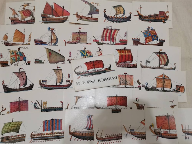 Vintage Nautical postcards Set of 32 Cards Ships Drawing USSR Collage Photos