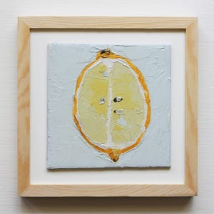 oil painting lemon, still life fruit, blue yellow lemon, original art, fruit painting, kitchen decor, kitchen art .. Half Lemon on Blue