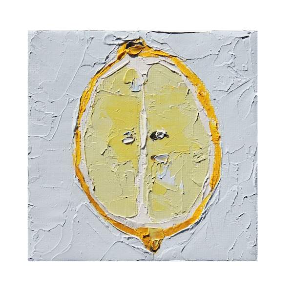 oil painting lemon, still life fruit, blue yellow lemon, original art, fruit painting, kitchen decor, kitchen art .. Half Lemon on Blue