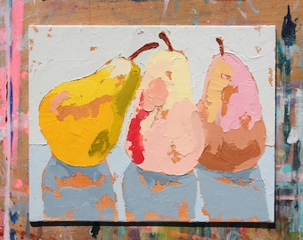 pear painting, oil painting pear, still life fruit, yellow pink, original art, fruit painting, kitchen art decor .. Three Peachy Pears