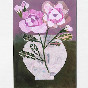 original paper collage, analog art, mixed media, pink peony flower in vase
