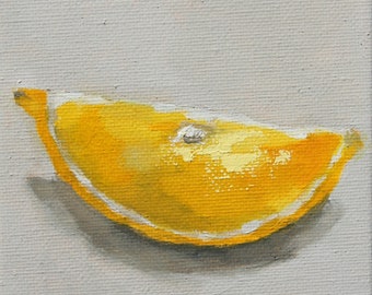 lemon oil painting, original fruit painting, still life, foody gift, kitchen decor, kitchen art .. Lemon Wedge