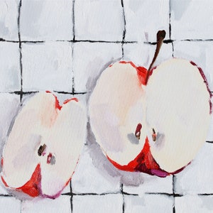 oil painting apples, kitchen art paintings, still life fruit painting, gift for teacher, farmhouse decor, food art .. Sliced Apple image 7