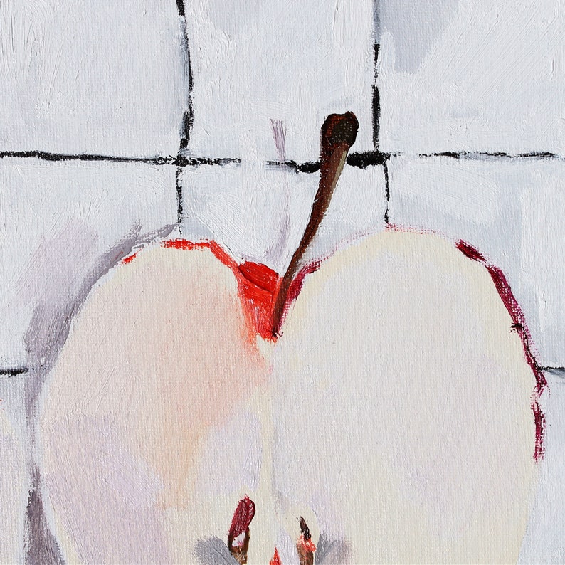 oil painting apples, kitchen art paintings, still life fruit painting, gift for teacher, farmhouse decor, food art .. Sliced Apple image 5