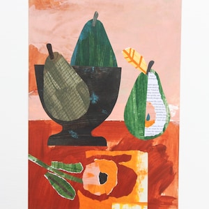 May include: An art print depicting a still life with green pears and a black bowl set against a red and pink backdrop. The pears have textured surfaces and are arranged with an orange cut-out and a green stem.