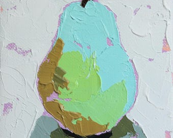 Green Pear Painting: Palette Knife Still Life, Kitchen Decor