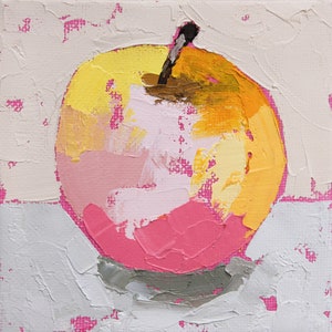 yellow apple painting, mini oil painting apple, still life fruit, original art, fruit painting, kitchen art, kitchen decor .. Golden Sunset