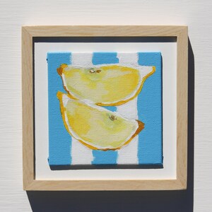 Zitronen Gemälde, originelles Geschenk für den Feinschmecker, Strand Malerei, mediterrane Kunst für die Küche.. Zitronen auf himmelblau