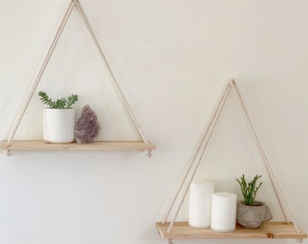 Hanging Shelves Wall Floating Shelf [Set of 2 w/ Hooks] Reclaimed Wood Macrame Rope Triangle Plant Bathroom Bedroom Farmhouse Boho Decor Art