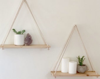 Hanging Shelf Floating Shelves Wall Decor [Set of 2 w/ Hooks] Reclaimed Wood Shelving Macrame Rope Swing Triangle Bathroom Storage Farmhouse