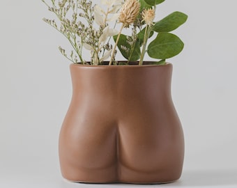 Brown Butt Vase Butt Planter Body Vase w/ Drainage [Speckled Matte Brown Ceramic] Booty Female Form Bum Cute Flower Plant Pot Woman Pottery