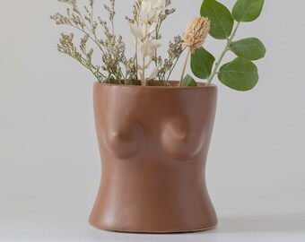 UK Brown Boob Pot Boobie Planter Boob Vase w/ Drainage [Speckled Matte Brown Ceramic] Female Form Body Vase Bust Plant Pot Woman
