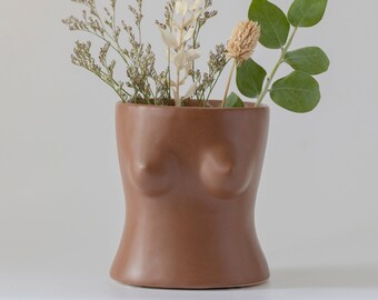 Brown Boob Planter Nude Woman Vase, Boobs Vase Body Vases w/ Drainage [Speckled Matte Brown Ceramic] Female Form Bust Cute Flower Plant Pots