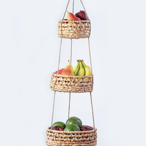 3 woven raffia decorative hanging pot holders with fruit 3 woven raffia decorative hanging pot holders with fruit