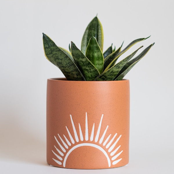 Sun Decor Planter Handmade Design Terracotta Speckled Ceramic w/ Drainage Hole, Unique Indoor Plant Pot Mid Century Modern Cute Aesthetic