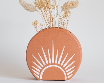 Sun Decor Vase handgemachtes Design Terrakotta gesprenkelte Keramikpflanzer mit Drainageloch, moderne niedliche Vintage ästhetische einzigartige kleine Blumenvasen