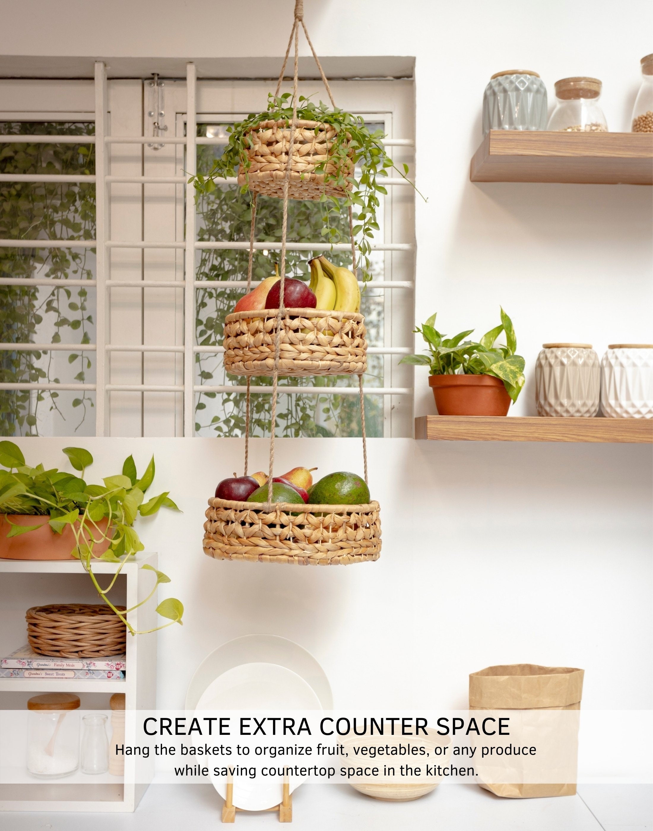 3 woven raffia decorative hanging pot holders with fruit 3 woven raffia decorative hanging pot holders with fruit
