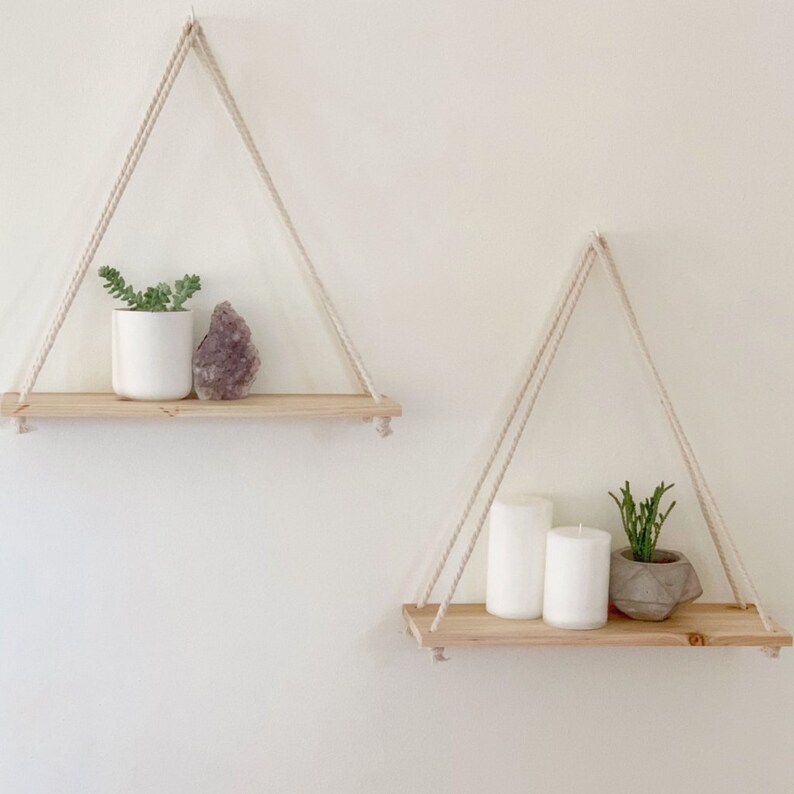 Hanging Shelf Floating Shelves Wall Decor [Set of 2 w\/ Hooks] Reclaimed Wood Shelving Macrame Rope Swing Triangle Bathroom Storage Farmhouse