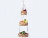 UK Hanging Fruit Basket 3 Tier Baskets Woven Handmade Natural Seagrass Hyacinth Wicker Rattan Rafia Jute Kitchen Storage Organiser Planter