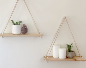 Hanging Shelf Floating Shelves Wall Decor [Set of 2 w/ Hooks] Reclaimed Wood Shelving Macrame Rope Swing Triangle Bathroom Storage Farmhouse