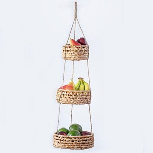 EU Hanging Fruit Basket 3 Tier Baskets Woven [Handmade Natural Seagrass Hyacinth Wicker Rattan Rafia Jute] Kitchen Storage Organiser Planter
