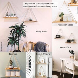 EU Hanging Shelf Hanging Shelves Boho Decor Set of 2 w/ Hooks Wood Floating Shelving for Wall Macrame Rope Swing Triangle Nursery Bathroom image 6