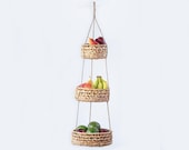 Hanging Fruit Basket 3 Tier Woven Baskets Hanging Baskets Kitchen Storage Organizer Plant Holder Planter Handmade Natural Seagrass Wicker
