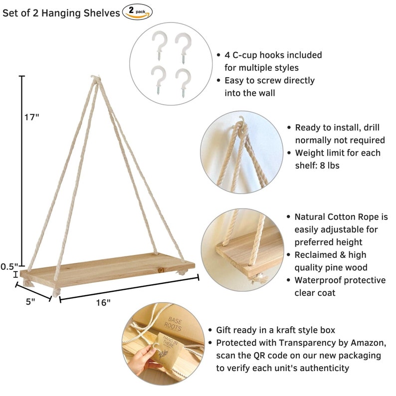 Étagère suspendue Étagères flottantes Décoration murale Ensemble de 2 avec crochets Étagères en bois récupéré Corde en macramé Balançoire Triangle Salle de bain Rangement Ferme image 3