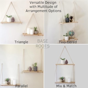 Hanging Shelf Floating Shelves Wall Decor Set of 2 w/ Hooks Reclaimed Wood Shelving Macrame Rope Swing Triangle Bathroom Storage Farmhouse 画像 2