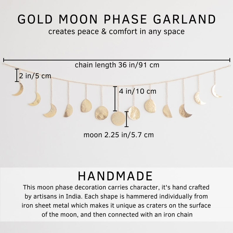 Moon Phase Wall Hanging, Moon Decor Handmade Hammered Metal 36 Gold Garland 13 Moons Phases of the Moon Cycle, Boho Home Lunar Wall Art image 3