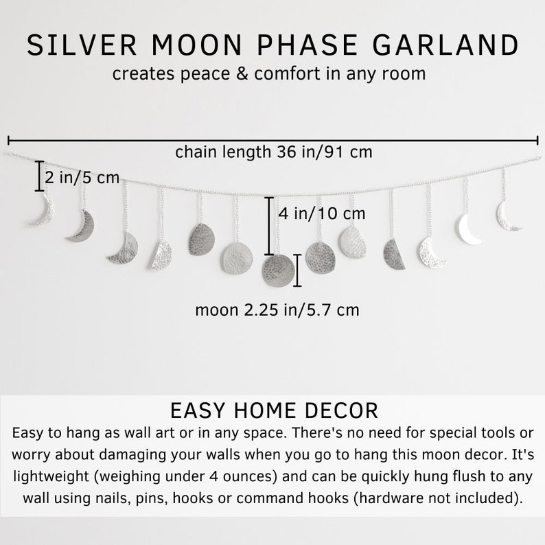 Moon Phase Wall Hanging, Moon Decor Handmade Hammered Metal 36 Silver Garland 13 Moons Phases of the Moon Cycle, Boho Home Lunar Wall Art image 5