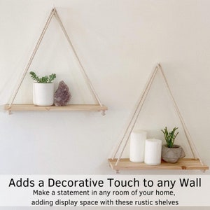 Hanging Shelf Floating Shelves Wall Decor Set of 2 w/ Hooks Reclaimed Wood Shelving Macrame Rope Swing Triangle Bathroom Storage Farmhouse zdjęcie 8