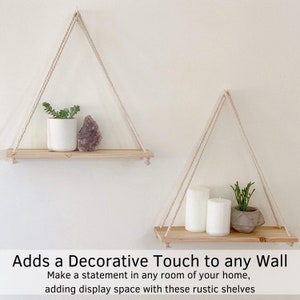 EU Hanging Shelf Hanging Shelves Boho Decor Set of 2 w/ Hooks Wood Floating Shelving for Wall Macrame Rope Swing Triangle Nursery Bathroom image 8