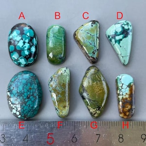 Può includere: Otto cabochon di turchese lucidati etichettati da A a H, disposti su due file sopra un righello di metallo. Le pietre mostrano varie tonalità di blu, verde e marrone con distinti motivi a matrice. Il righello mostra le misure in centimetri.