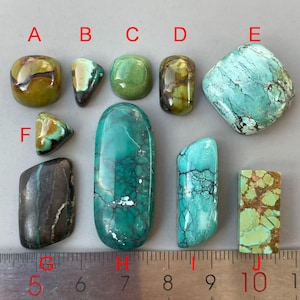 Puede incluir: Una colección de piedras preciosas de turquesa en varias formas y tamaños, incluyendo formas redondeadas, ovaladas y rectangulares. Las piedras muestran una gama de colores que van desde el verde azulado vibrante hasta los verdes y marrones apagados, con intrincados patrones de vetas. Una regla está colocada debajo.