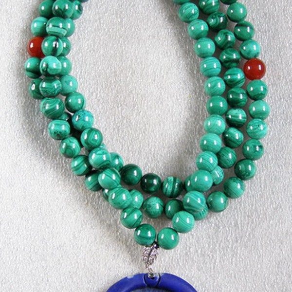 Natürliche grüne 108PCS Malachit Gebetskette 9,5 MM/buddhistischen Halskette & Lapis Lazuli untrennbar König Vogelanhänger c2143 - 7,93 oz.