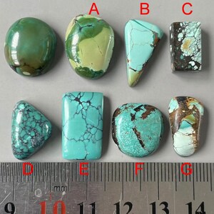 Puede incluir: Colección de siete piedras preciosas de turquesa en varias formas, incluyendo ovaladas, rectangulares y triangulares. Las piedras muestran una gama de colores desde verde oscuro hasta azul claro, con patrones de matriz marrón y negro. Una regla se coloca debajo para referencia de tamaño.