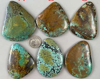 May include: Six turquoise cabochons in various shades of green, brown, and black. The cabochons are teardrop shaped and have a smooth, polished surface.