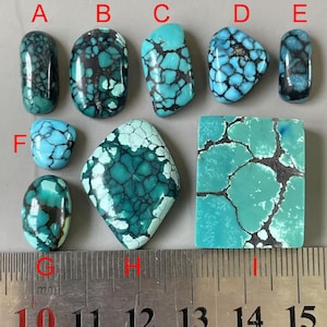 Peut inclure: Plusieurs pierres précieuses de turquoise de formes variées, dont ovales et rectangulaires. Les pierres présentent des nuances bleu-vert avec des motifs de matrice foncés. Une règle avec des graduations en millimètres est en bas.