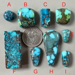 May include: Nine turquoise stones of varying shapes and sizes, labelled A through I. The stones are a mix of blue, green, and brown colours. A US quarter is included for scale.
