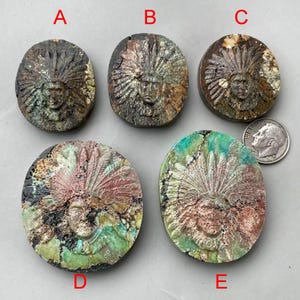 Può includere: Cinque ciondoli ovali in pietra scolpita con un disegno di capo nativo americano. I ciondoli variano di colore, tra cui tonalità di verde, marrone e rosso. Una moneta è inclusa come riferimento delle dimensioni. I ciondoli hanno un aspetto invecchiato e antico.