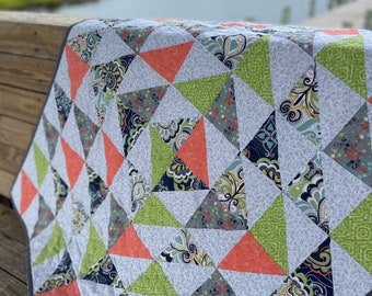 Broken Pieces Lap Quilt/Baby Quilt/Wedding Guestbook Quilt/Navy, White, Green, Gray, Coral