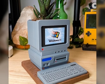 Retro PC Plant Pot - Vintage Tech Planter Customisable Screen