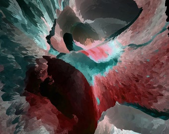 May include: Abstract painting with swirling colours of teal, red, and grey. The colours are blended together to create a sense of movement and depth.
