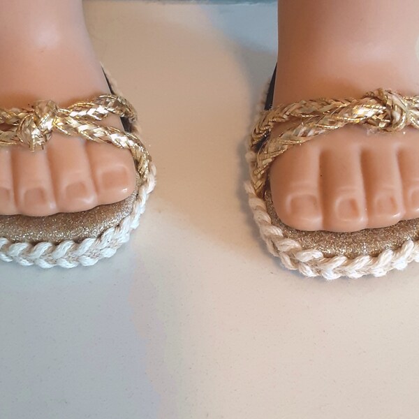 18 inch doll shoes  for American Girl doll.  Beautiful gold, strappy sandals, can be worn with many outfits.