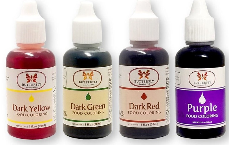 May include: Four 1-ounce bottles of liquid food coloring in dark yellow, dark green, dark red, and purple. Each bottle has a white cap and a label with the word "Butterfly" and the color name.