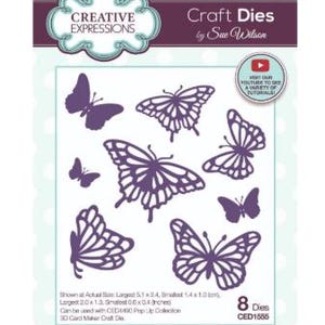 May include: A package of eight purple butterfly craft dies. The largest die measures 5.1 x 3.4 inches, and the smallest is 0.6 x 0.4 inches. The package includes the text "Creative Expressions" and "Finishing Touches - Bountiful Butterflies."