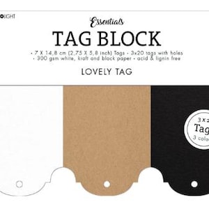 May include: A tag block with three sections: white, kraft, and black. Each tag measures 2.75 x 5.8 inches. The block includes 3x20 tags with holes, made from 300 gsm white, kraft, and black paper. Text on the block reads "TAG BLOCK" and "LOVELY TAG".