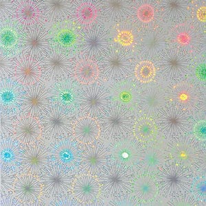 May include: A silver background with a repeating pattern of colorful, starburst-like designs. The starbursts feature a spectrum of colors, including pink, yellow, green, and blue, creating a vibrant and eye-catching effect. The overall design has a holographic appearance.