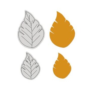 May include: Four leaf-shaped cookie cutters. Two are outlined in gray with interior lines, and two are solid orange. The cutters are in two sizes, with one large and one small of each design.